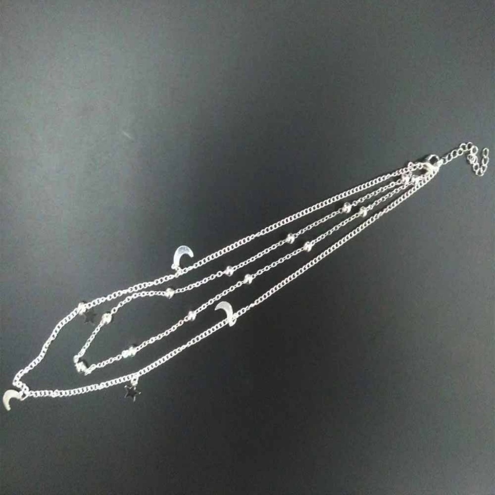 Moon & Stars Silver Layered Choker Bib Necklace - Picture 5 of 6